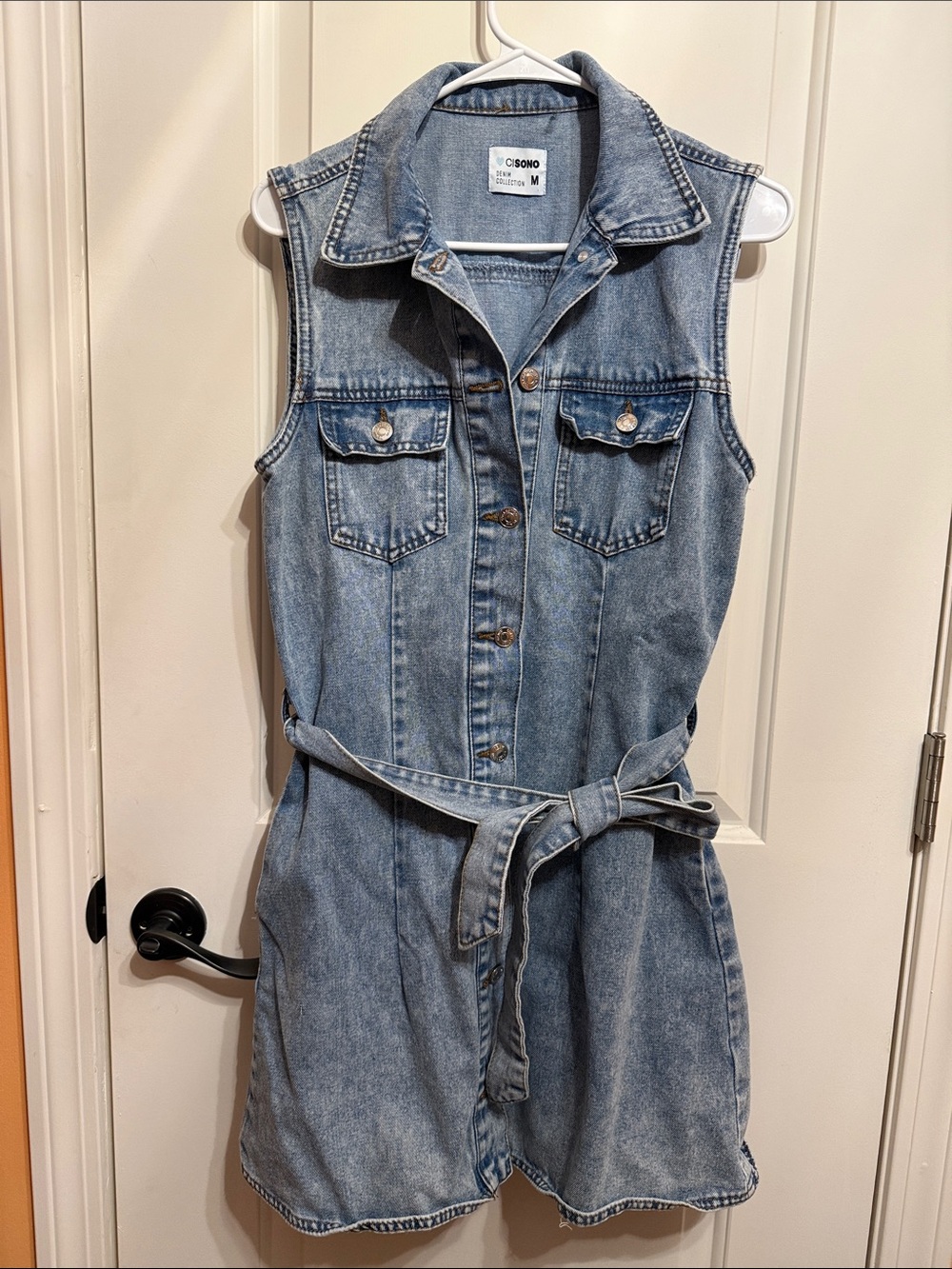 Sleeveless Denim Dress with Tie Belt - Light Blue